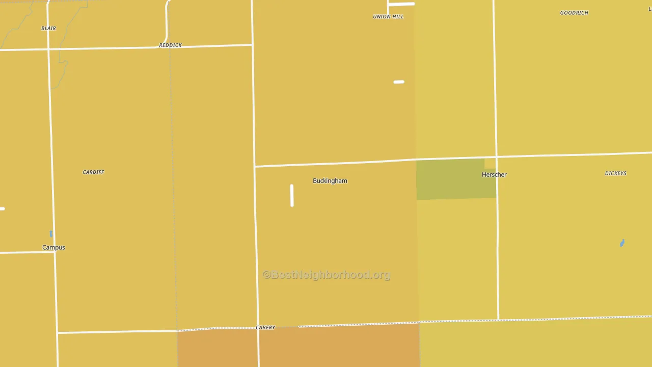 Map of the best neighborhoods in the Buckingham area, with better matches in green and worse matches in red