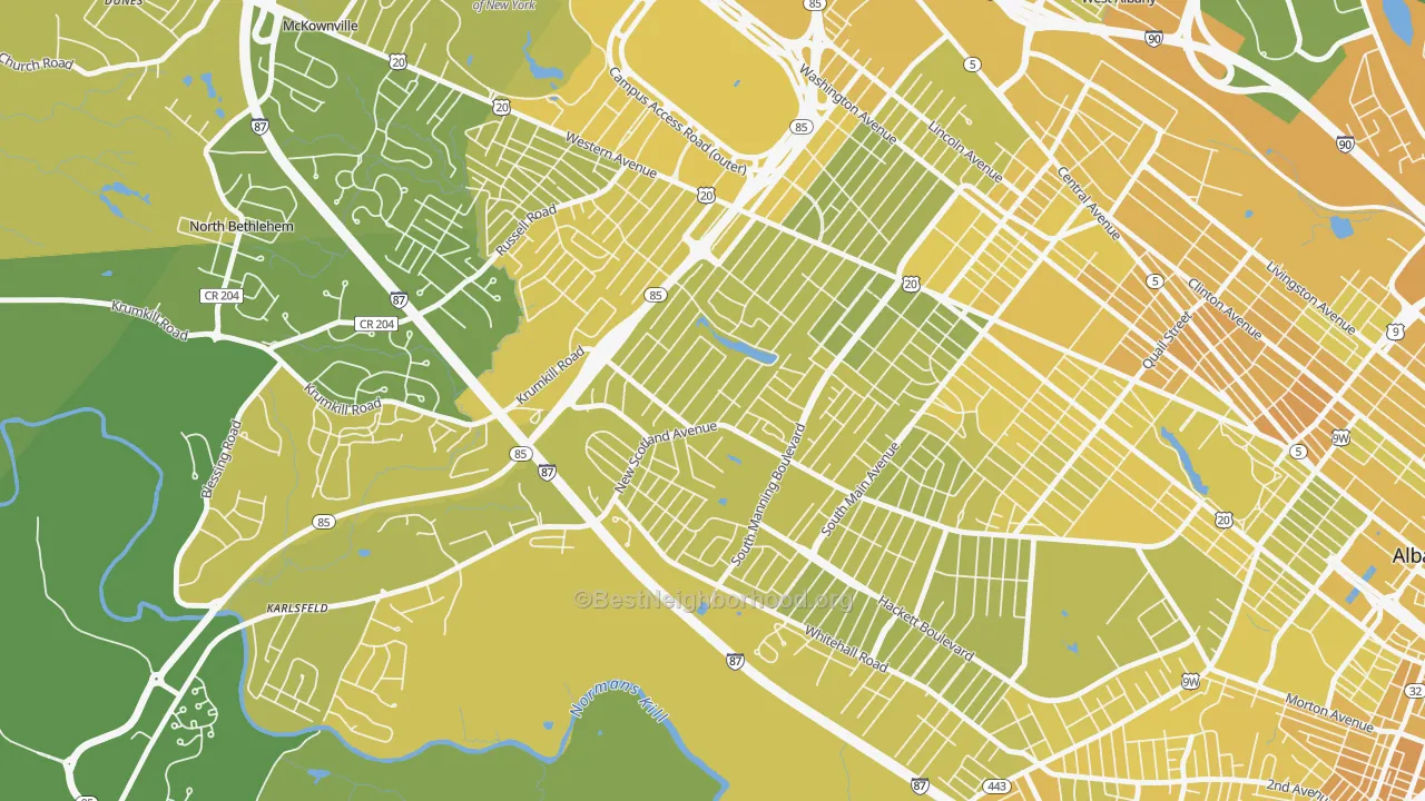 Map of the best neighborhoods in the Buckingham Lake-Crestwood, Albany area, with better matches in green and worse matches in red