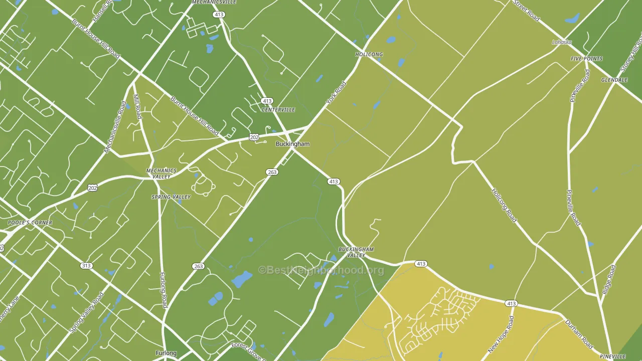 Map of the best neighborhoods in the Buckingham area, with better matches in green and worse matches in red