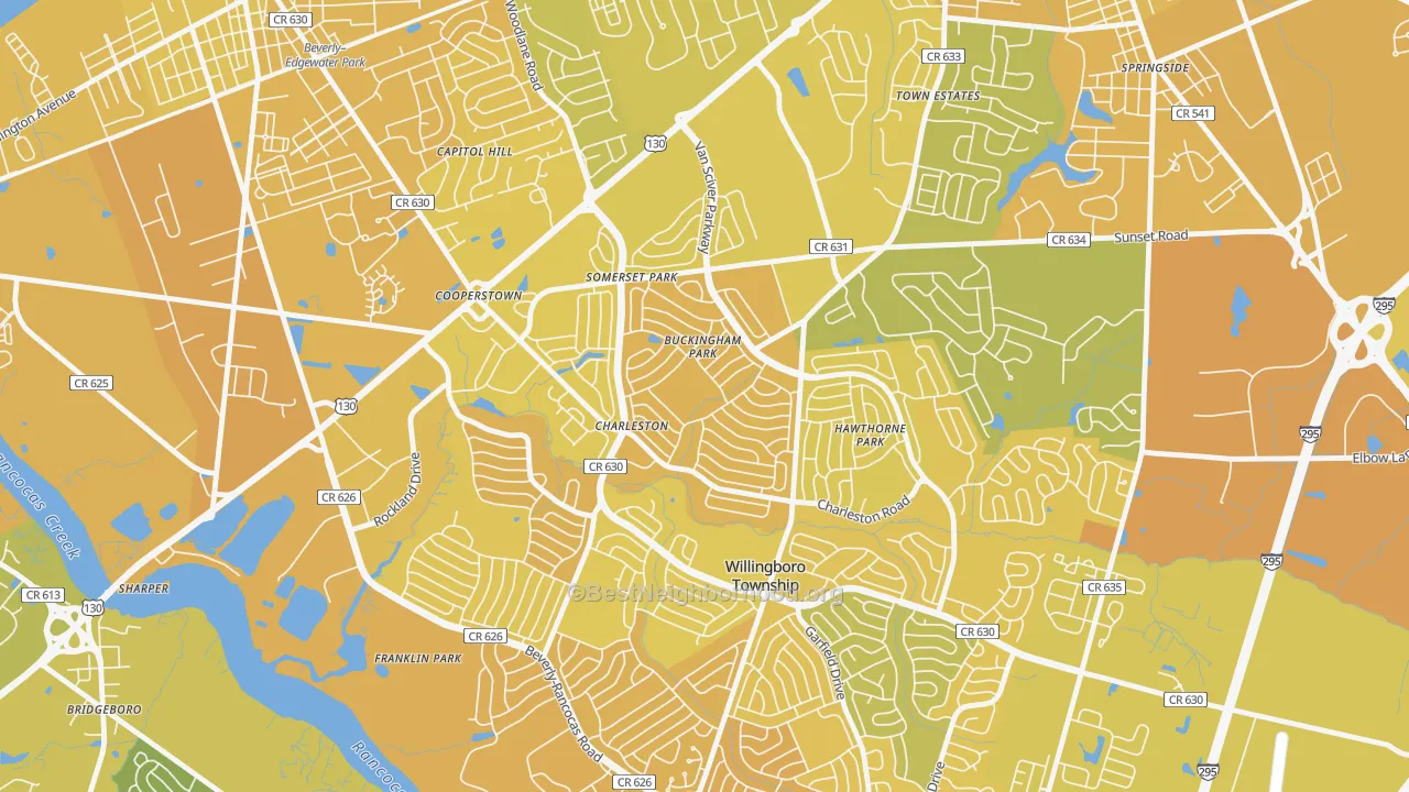 Map of the best neighborhoods in the Buckingham Park, Willingboro area, with better matches in green and worse matches in red