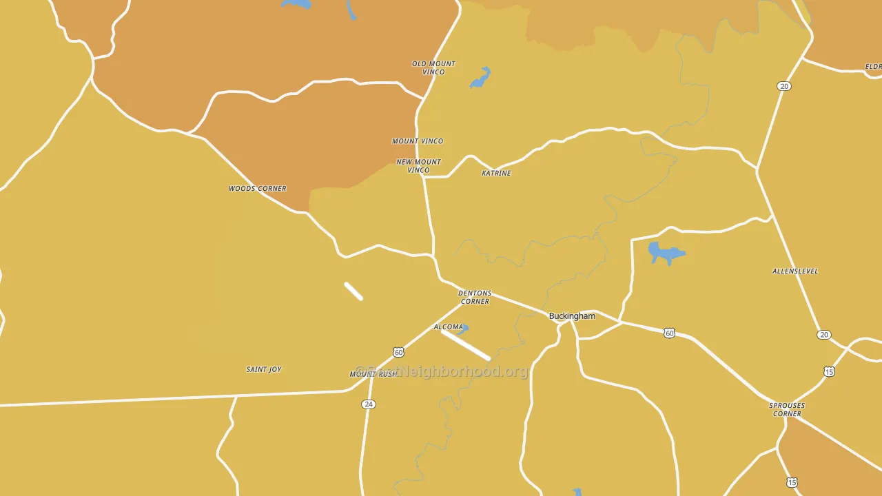 Map of the best neighborhoods in the Buckingham area, with better matches in green and worse matches in red