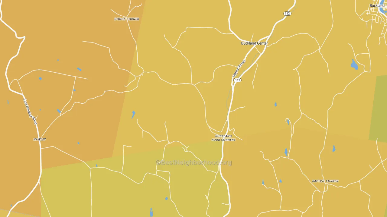 Map of the best neighborhoods in the Buckland area, with better matches in green and worse matches in red