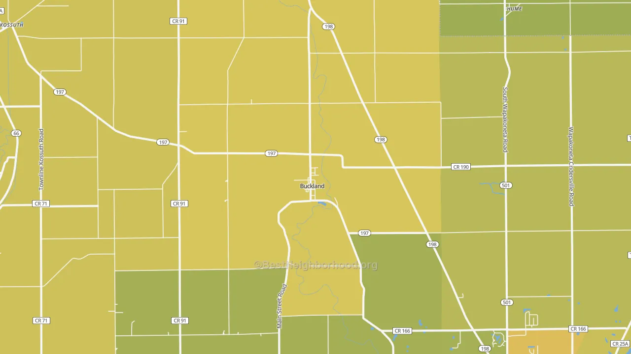 Map of the best neighborhoods in the Buckland area, with better matches in green and worse matches in red