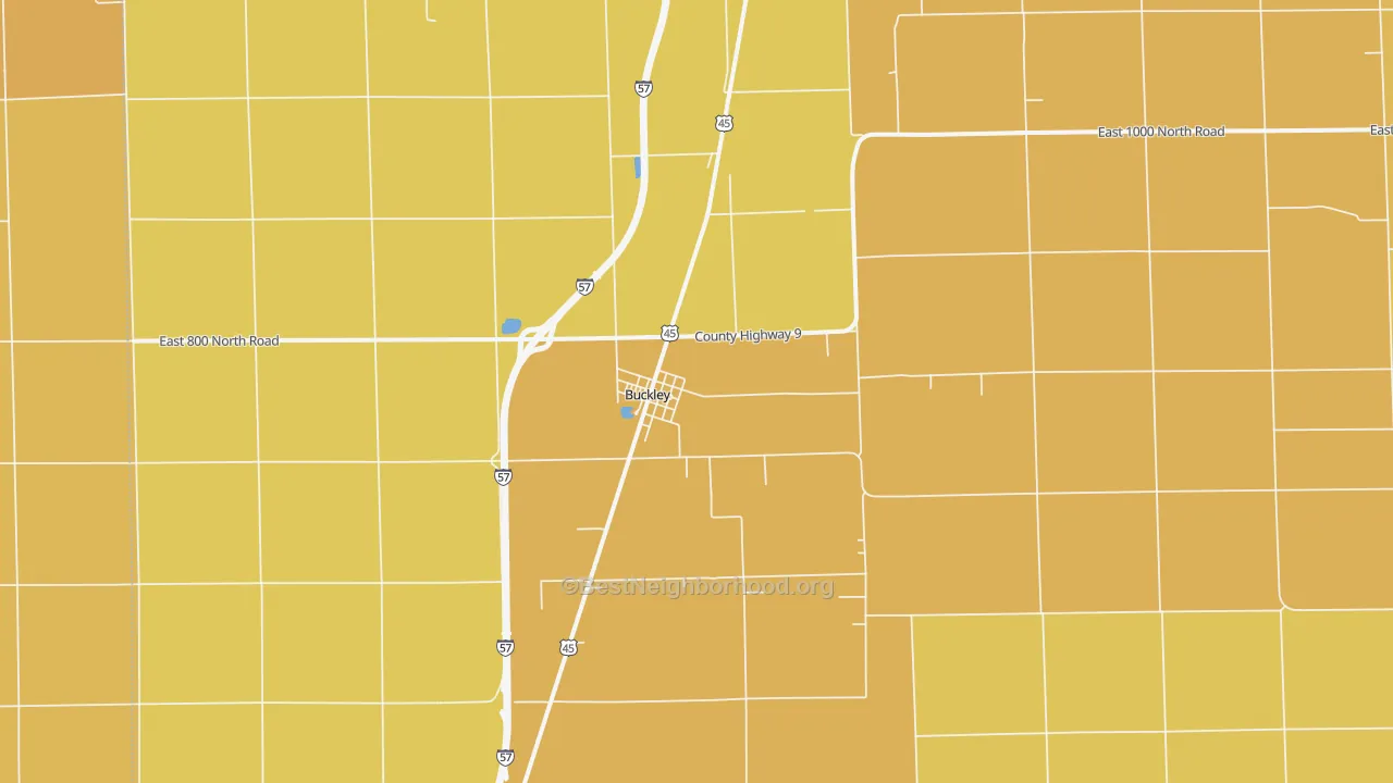Map of the best neighborhoods in the Buckley area, with better matches in green and worse matches in red