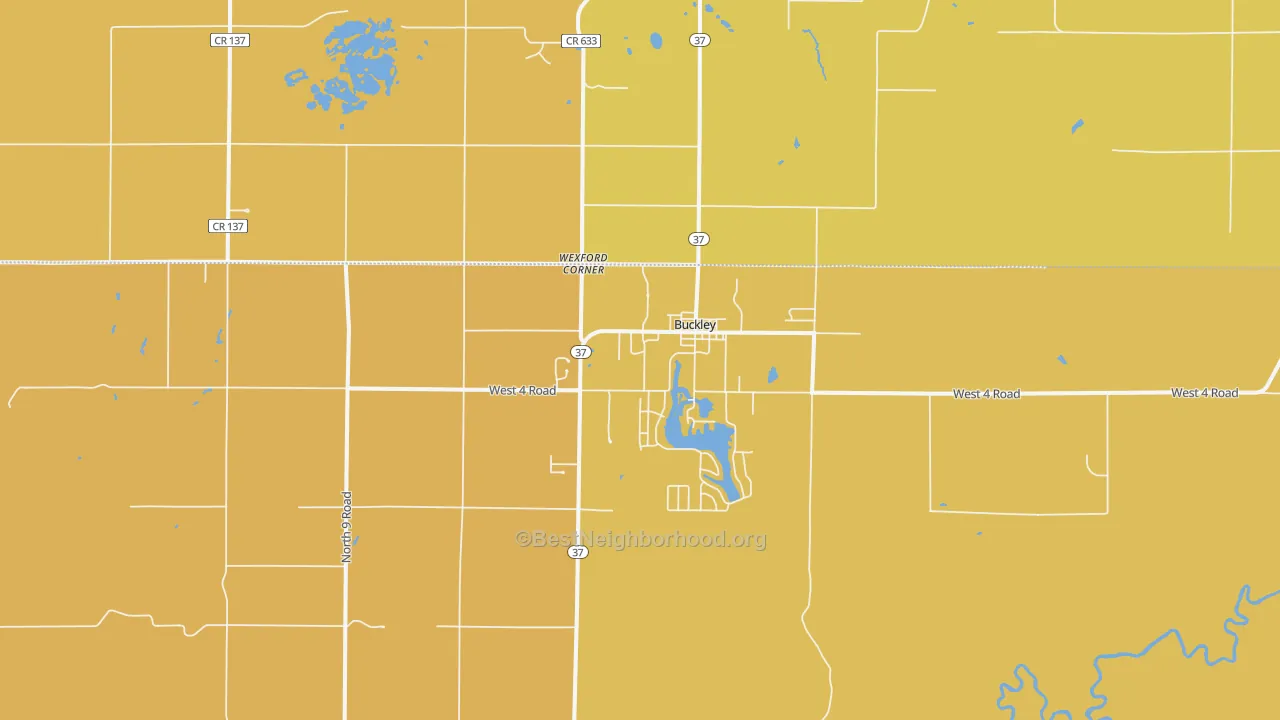 Map of the best neighborhoods in the Buckley area, with better matches in green and worse matches in red