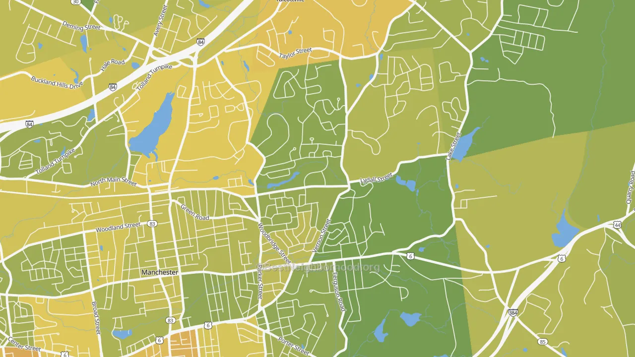 Map of the best neighborhoods in the Buckley, Oakland area, with better matches in green and worse matches in red