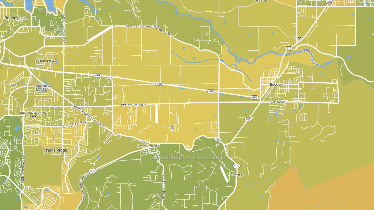 Map of the best neighborhoods in the Buckley area, with better matches in green and worse matches in red