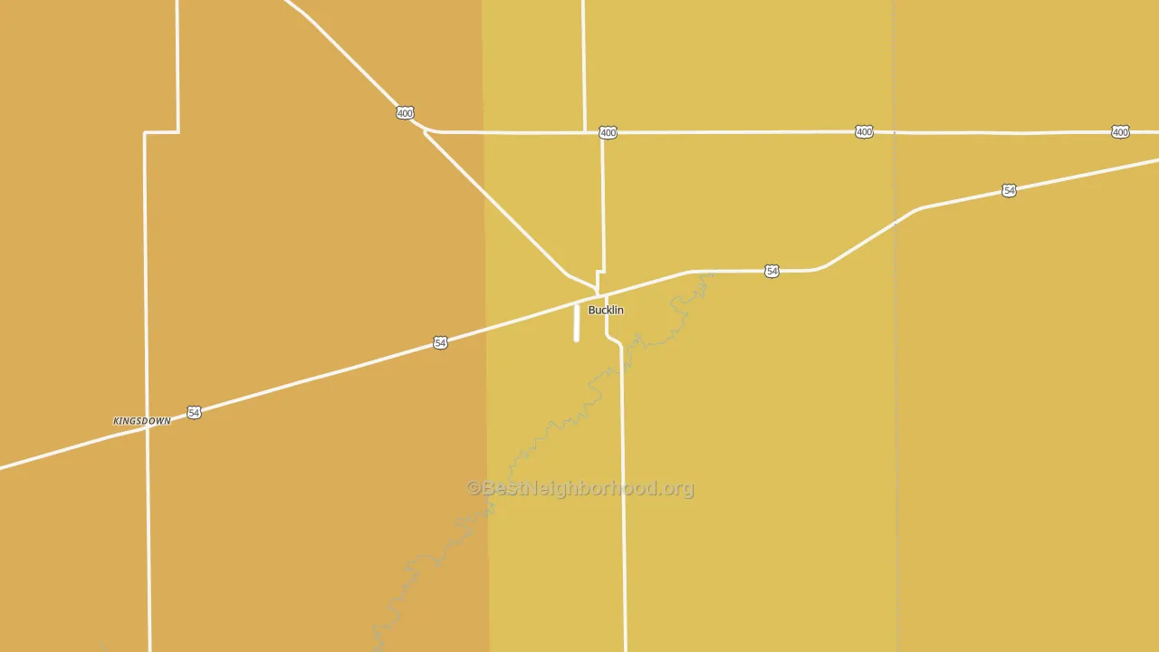 Map of the best neighborhoods in the Bucklin area, with better matches in green and worse matches in red