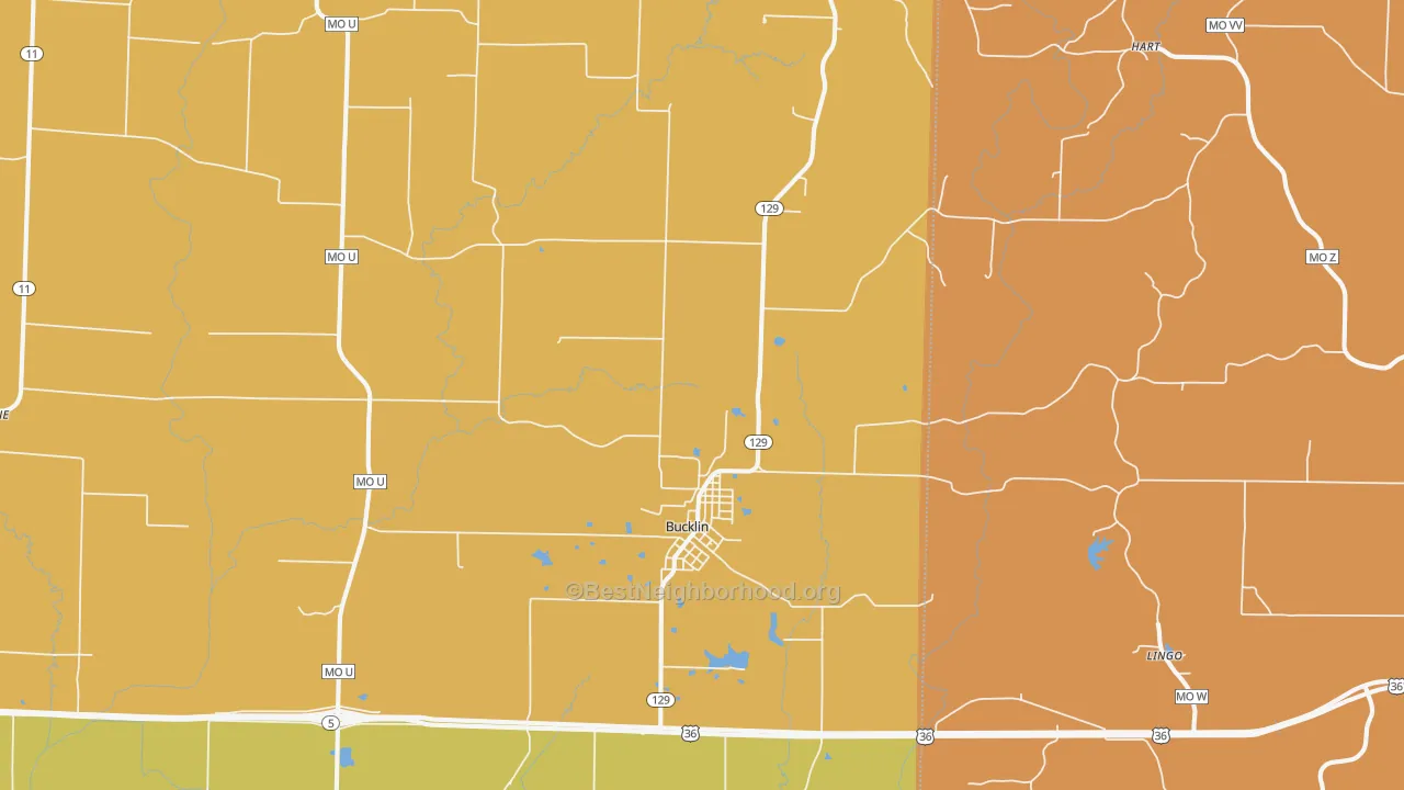 Map of the best neighborhoods in the Bucklin area, with better matches in green and worse matches in red