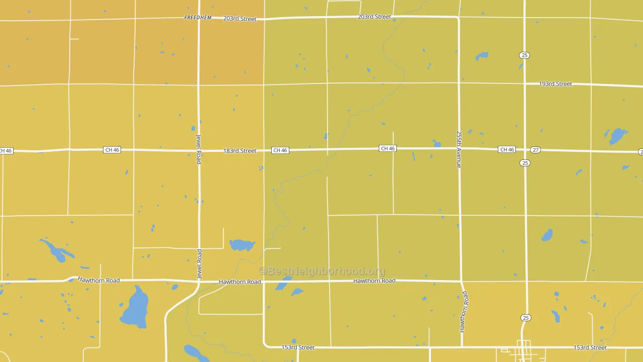 Map of the best neighborhoods in the Buckman area, with better matches in green and worse matches in red