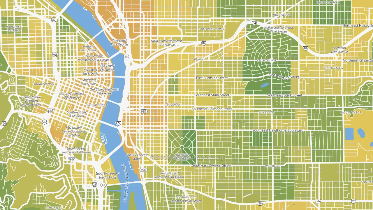 Map of the best neighborhoods in the Buckman, Portland area, with better matches in green and worse matches in red