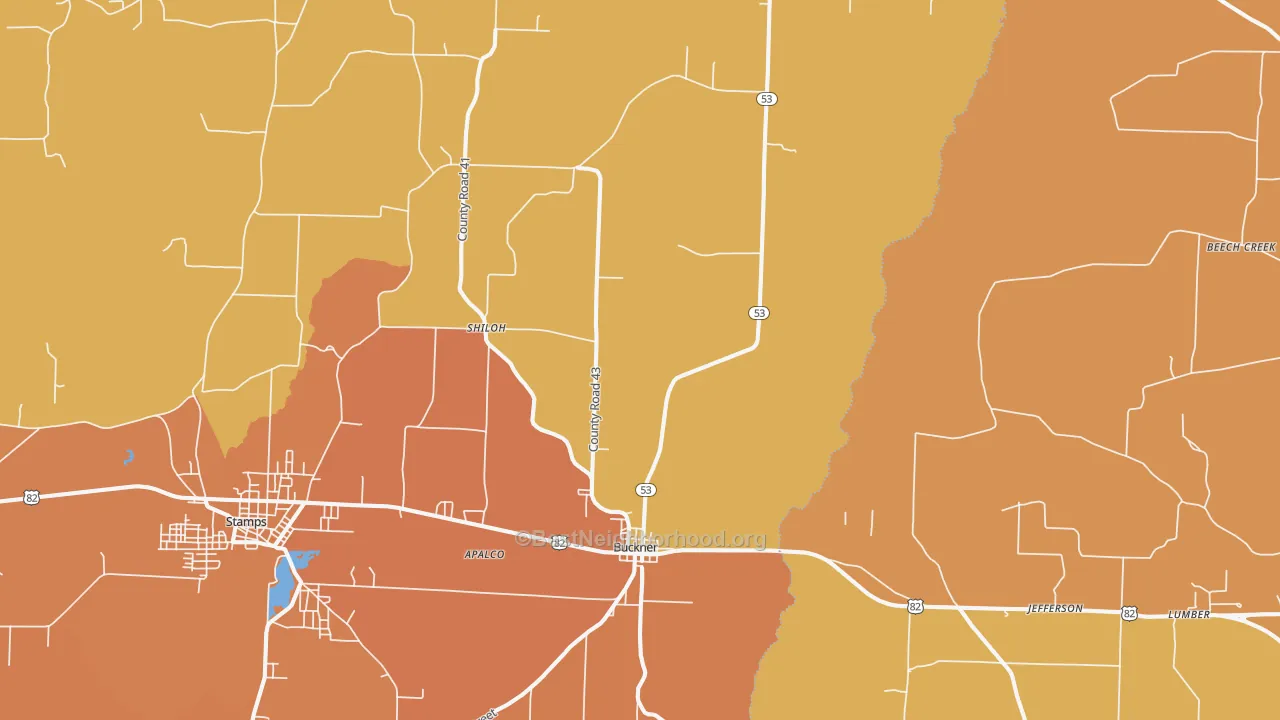 Map of the best neighborhoods in the Buckner area, with better matches in green and worse matches in red