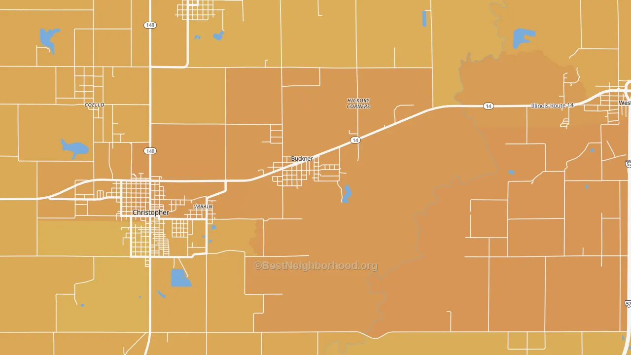 Map of the best neighborhoods in the Buckner area, with better matches in green and worse matches in red