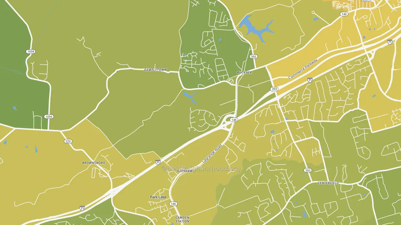 Map of the best neighborhoods in the Buckner area, with better matches in green and worse matches in red