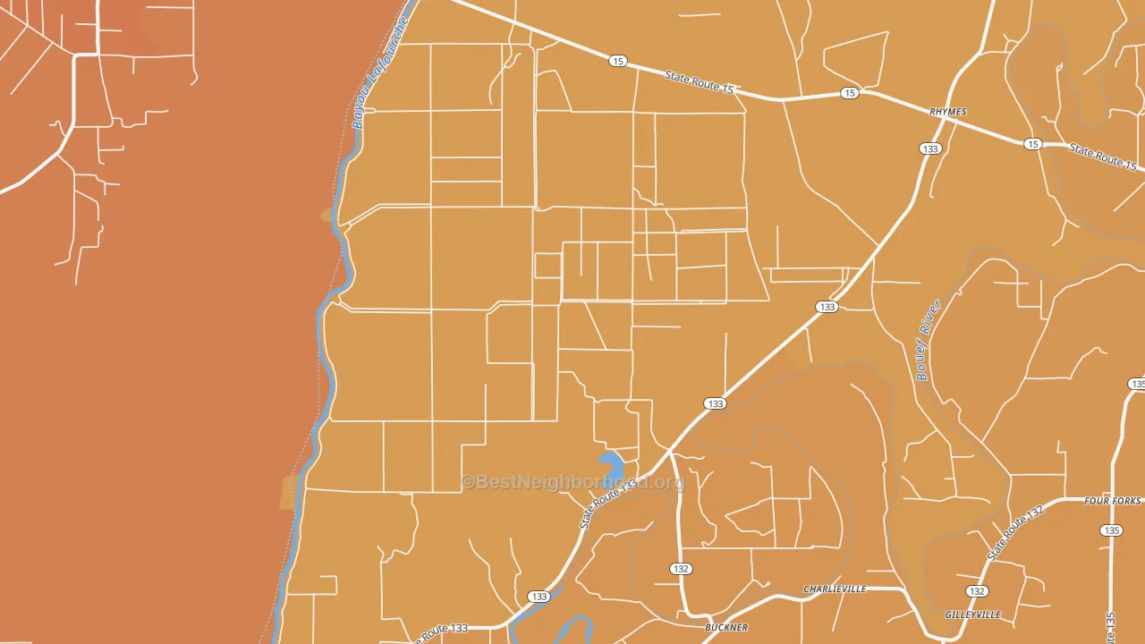 Map of the best neighborhoods in the Buckner area, with better matches in green and worse matches in red
