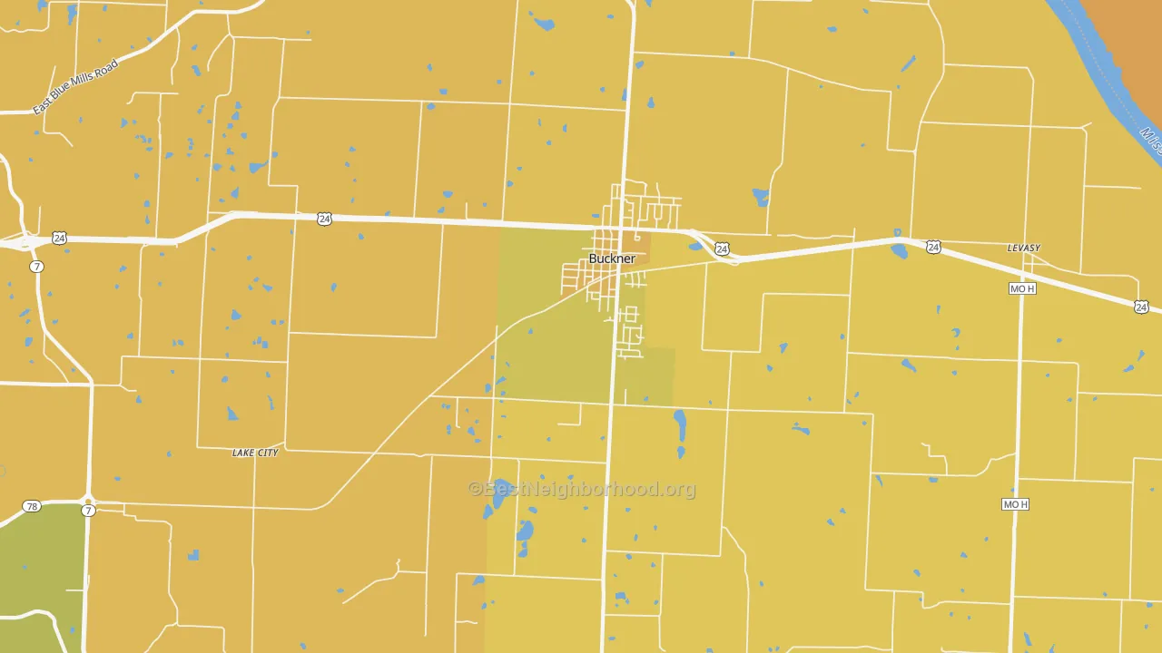 Map of the best neighborhoods in the Buckner area, with better matches in green and worse matches in red