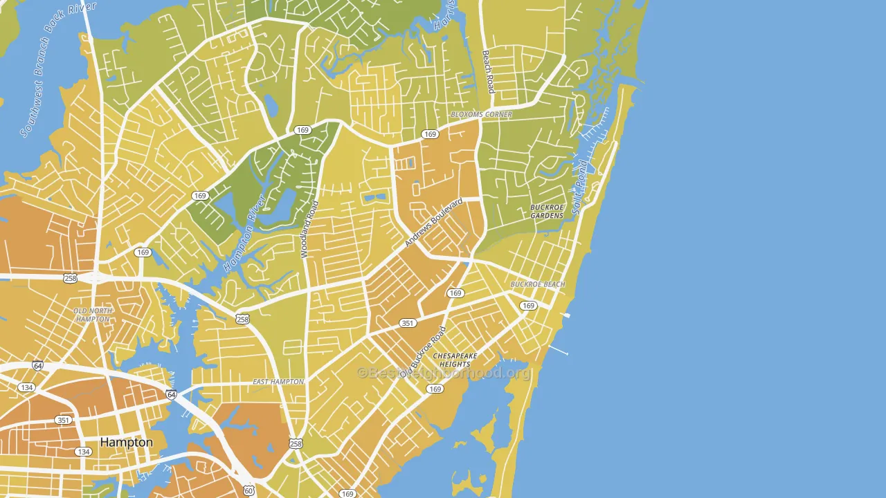Map of the best neighborhoods in the Buckroe, Hampton area, with better matches in green and worse matches in red