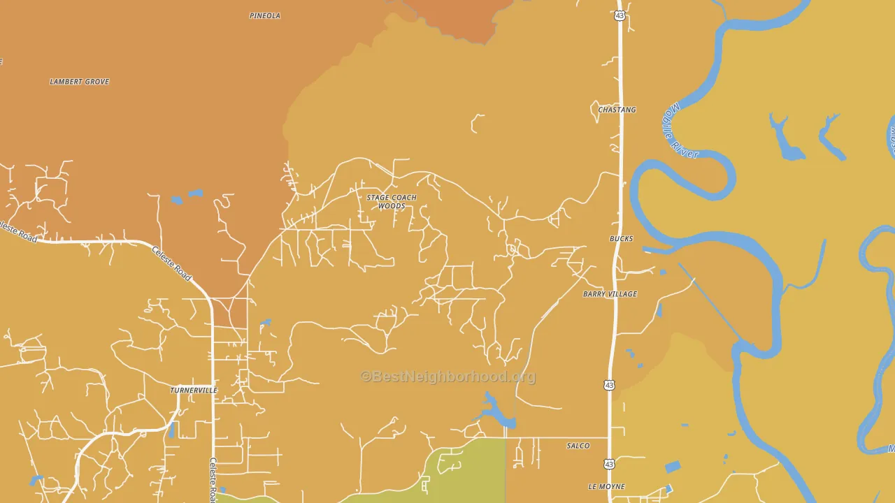 Map of the best neighborhoods in the Bucks area, with better matches in green and worse matches in red