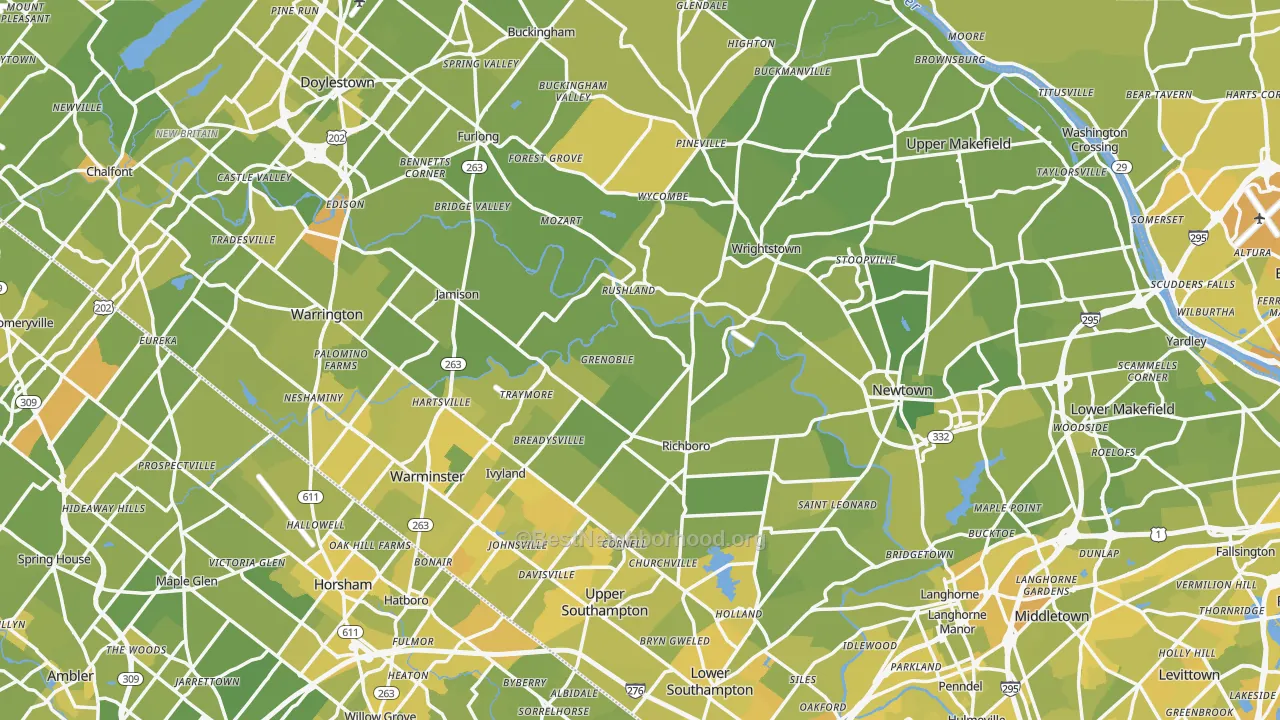 Map of the best neighborhoods in the Bucks County area, with better matches in green and worse matches in red