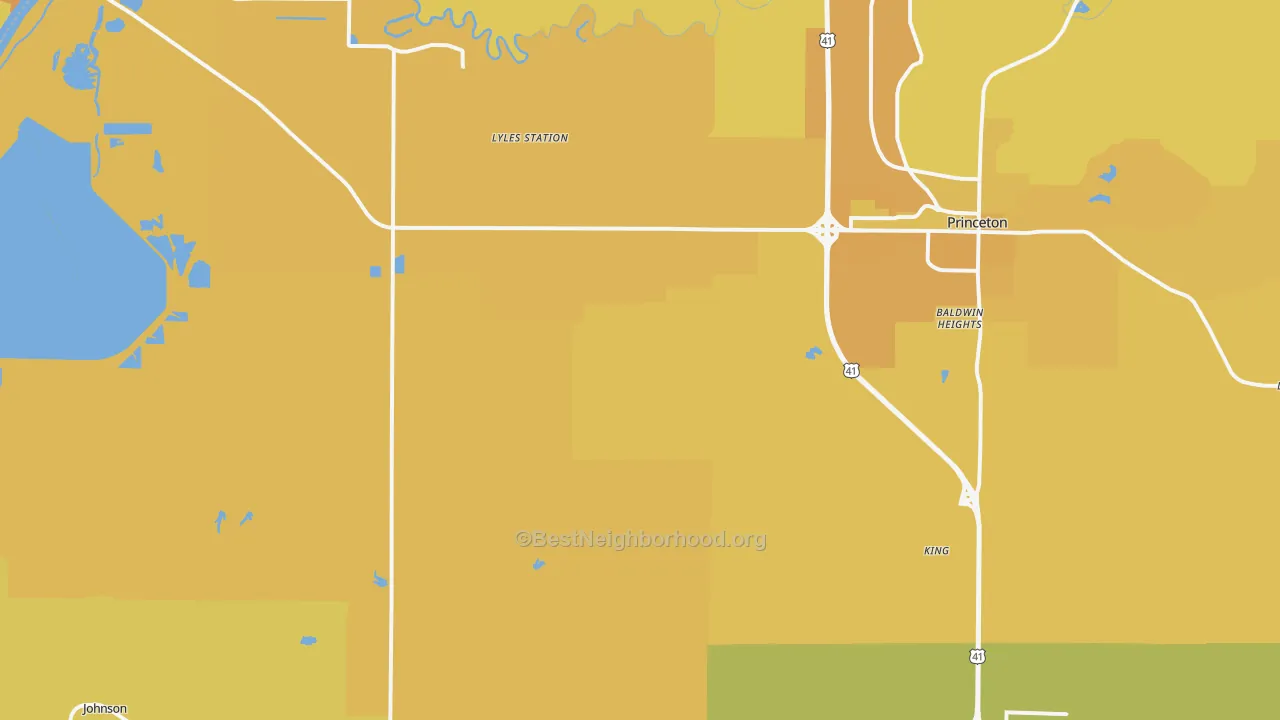 Map of the best neighborhoods in the Buckskin area, with better matches in green and worse matches in red