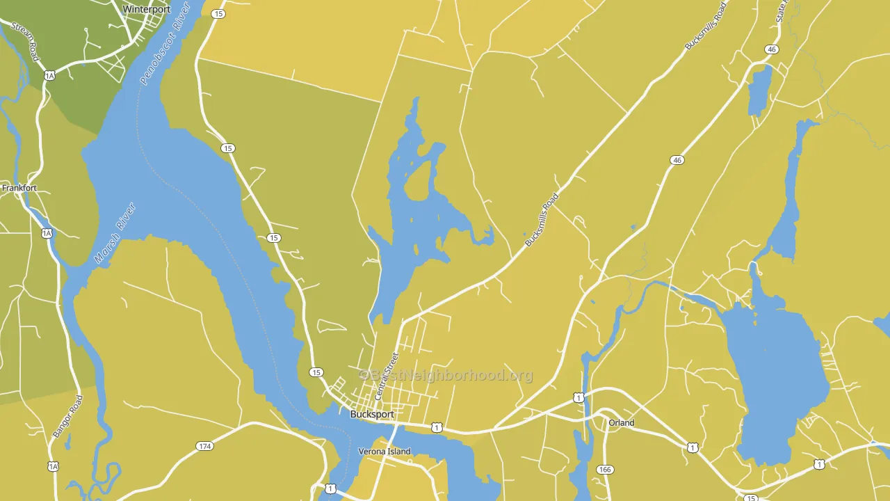 Map of the best neighborhoods in the Bucksport area, with better matches in green and worse matches in red