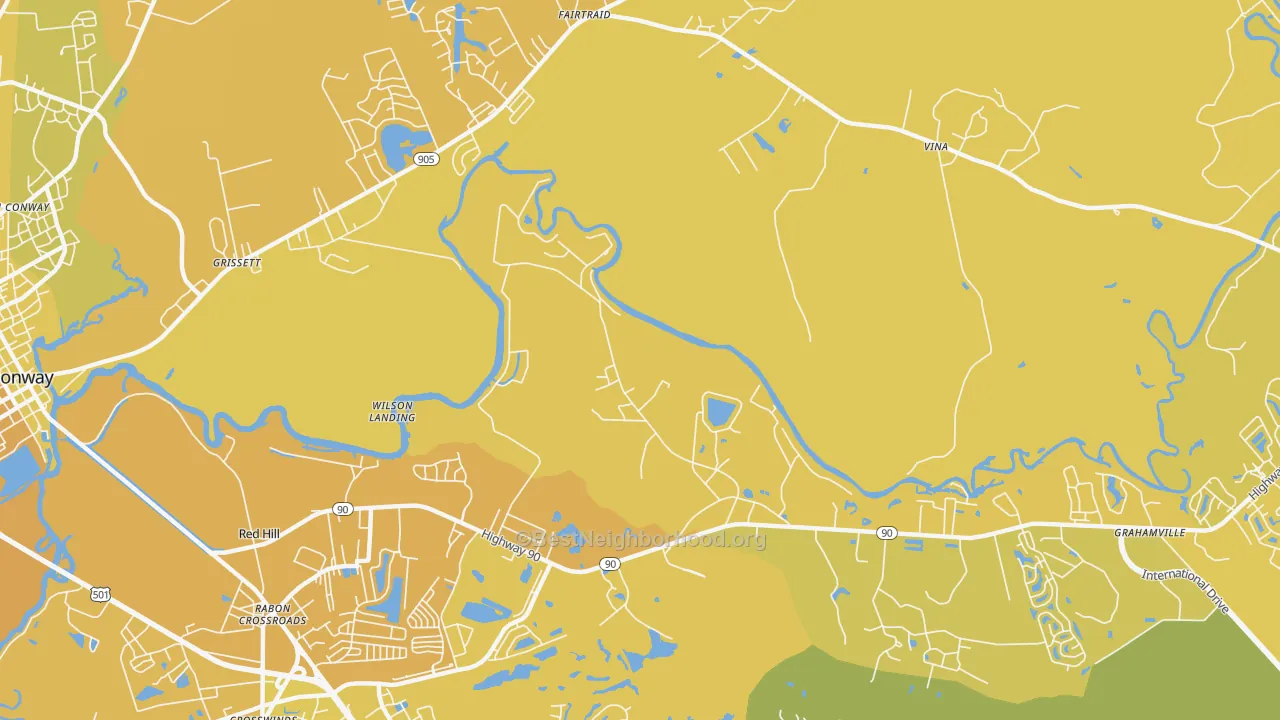 Map of the best neighborhoods in the Bucksville area, with better matches in green and worse matches in red