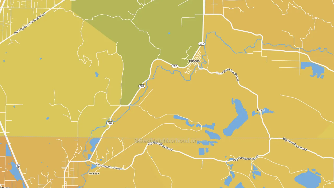 Map of the best neighborhoods in the Bucoda area, with better matches in green and worse matches in red
