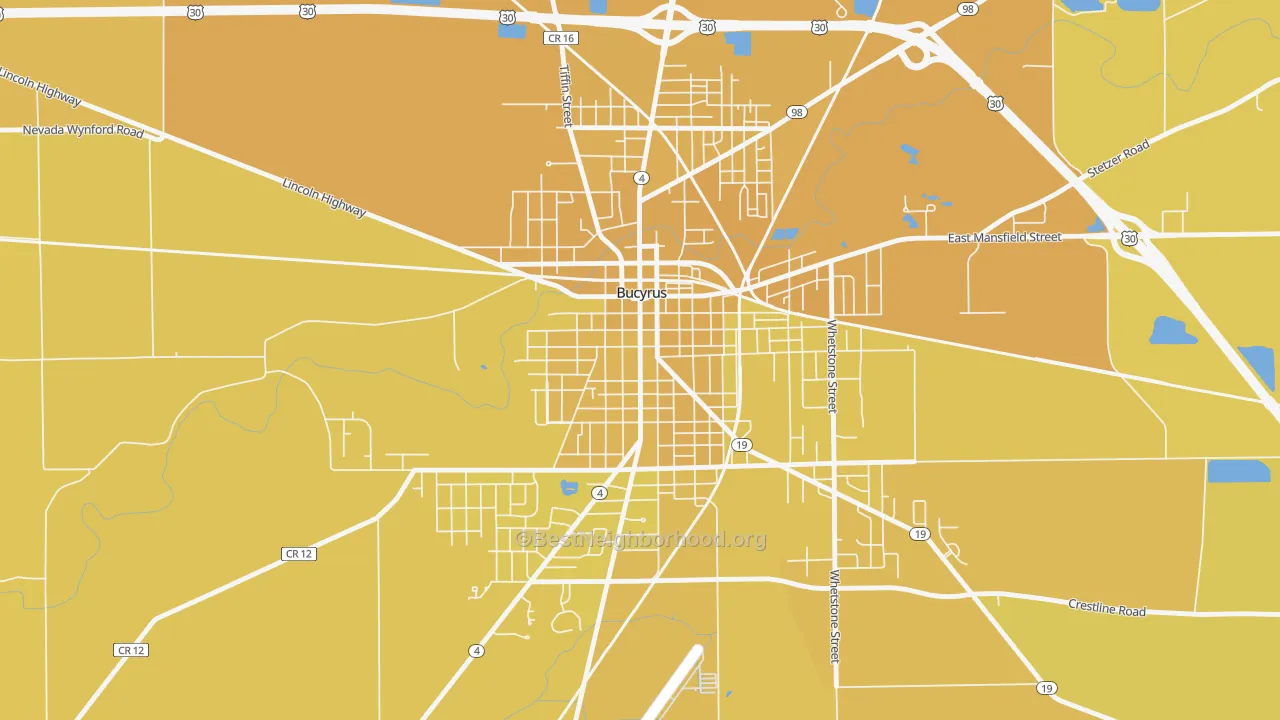 Map of the best neighborhoods in the Bucyrus Commercial Historical District, Bucyrus area, with better matches in green and worse matches in red