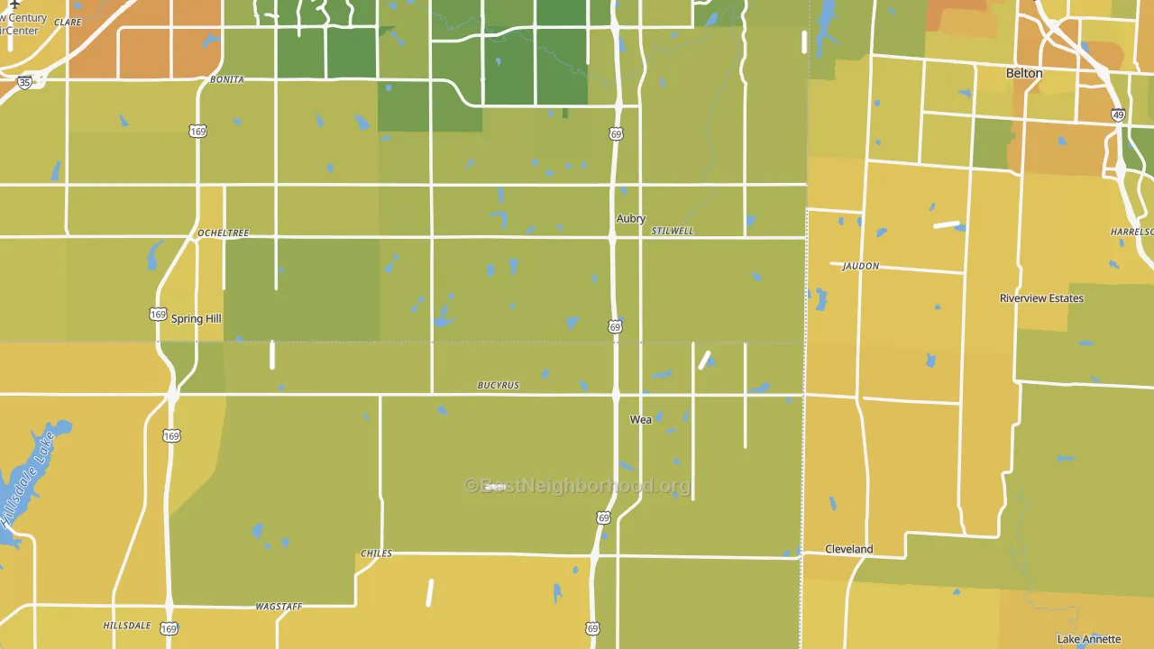 Map of the best neighborhoods in the Bucyrus area, with better matches in green and worse matches in red