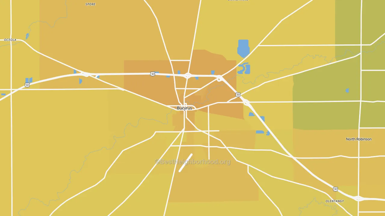 Map of the best neighborhoods in the Bucyrus area, with better matches in green and worse matches in red