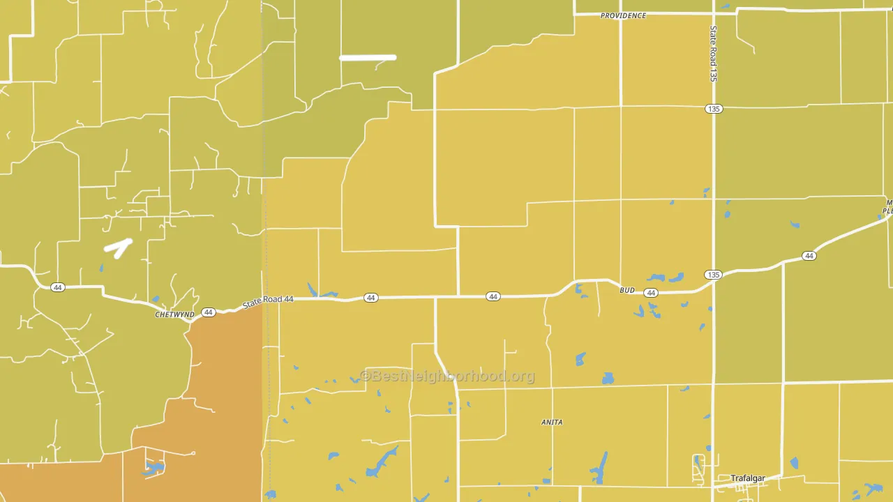 Map of the best neighborhoods in the Bud area, with better matches in green and worse matches in red