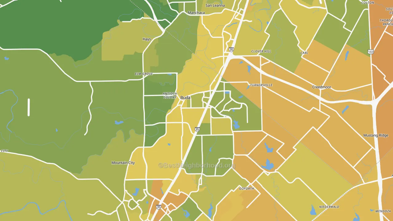 Map of the best neighborhoods in the Buda area, with better matches in green and worse matches in red