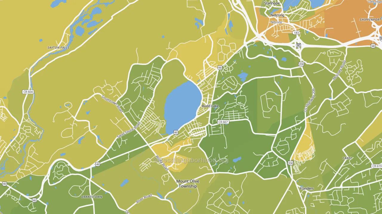 Map of the best neighborhoods in the Budd Lake area, with better matches in green and worse matches in red