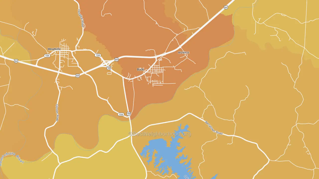 Map of the best neighborhoods in the Bude area, with better matches in green and worse matches in red