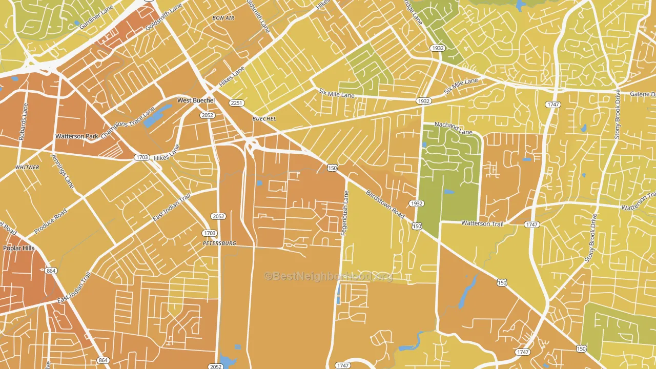 Map of the best neighborhoods in the Buechel, Louisville area, with better matches in green and worse matches in red