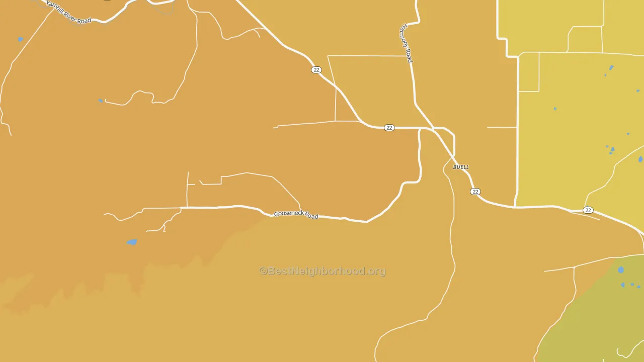 Map of the best neighborhoods in the Buell area, with better matches in green and worse matches in red