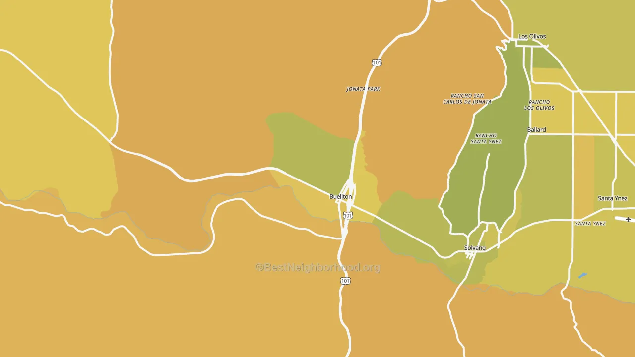 Map of the best neighborhoods in the Buellton area, with better matches in green and worse matches in red