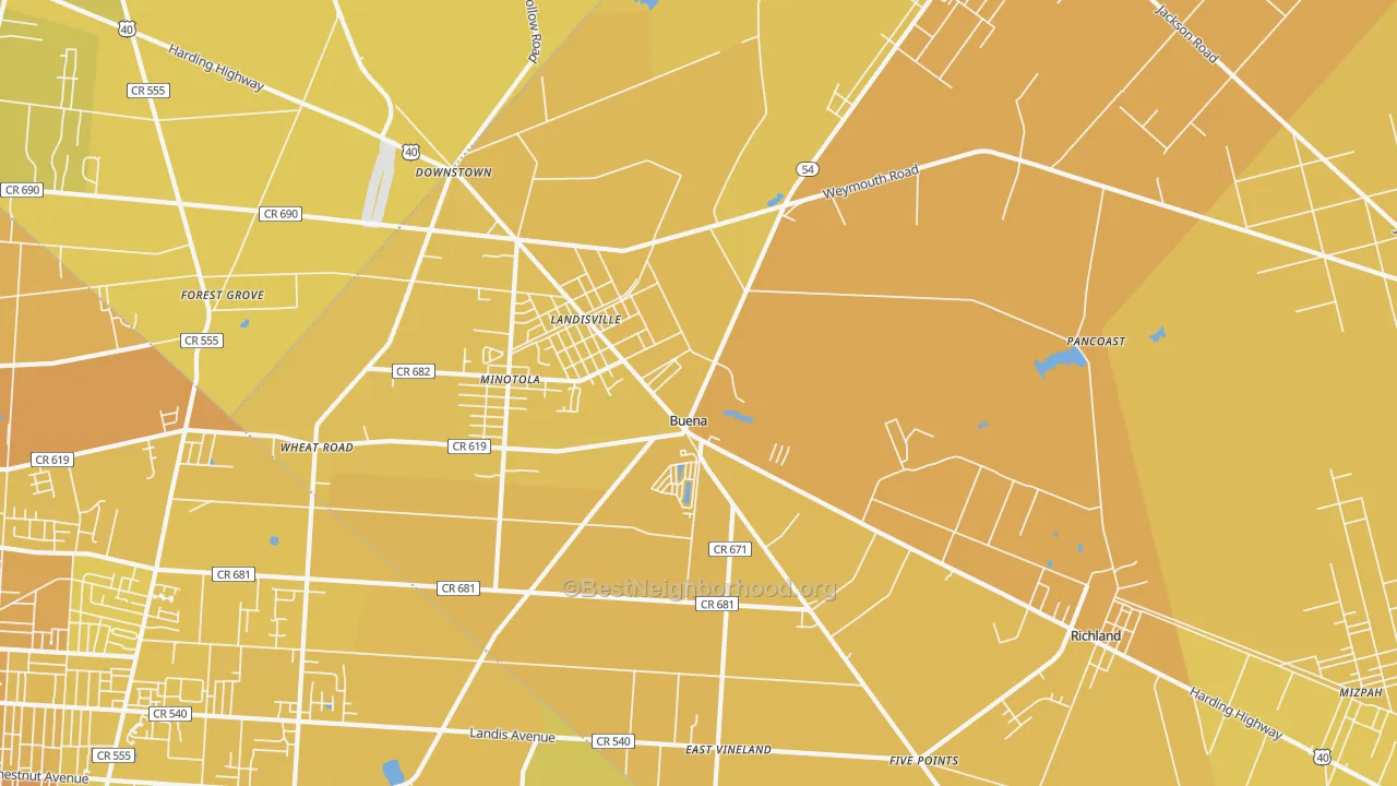 Map of the best neighborhoods in the Buena area, with better matches in green and worse matches in red