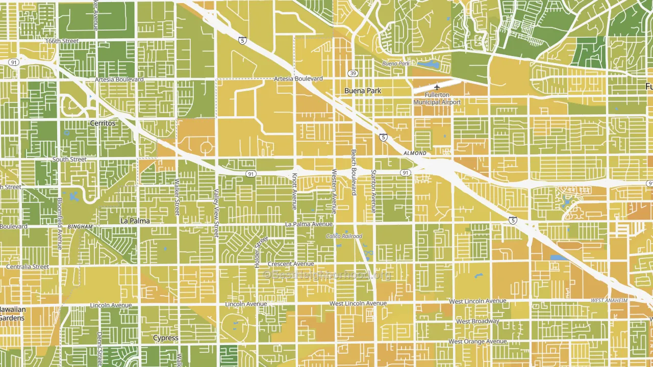 Map of the best neighborhoods in the Buena Park area, with better matches in green and worse matches in red