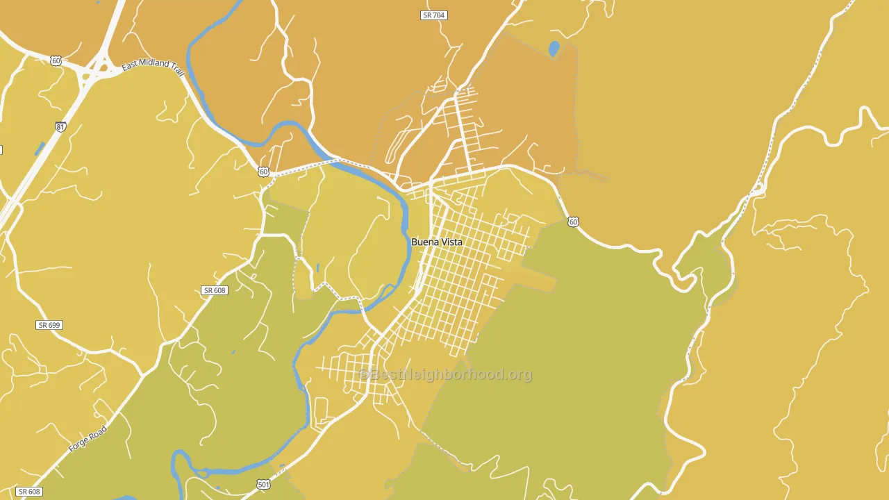 Map of the best neighborhoods in the Buena Vista City area, with better matches in green and worse matches in red