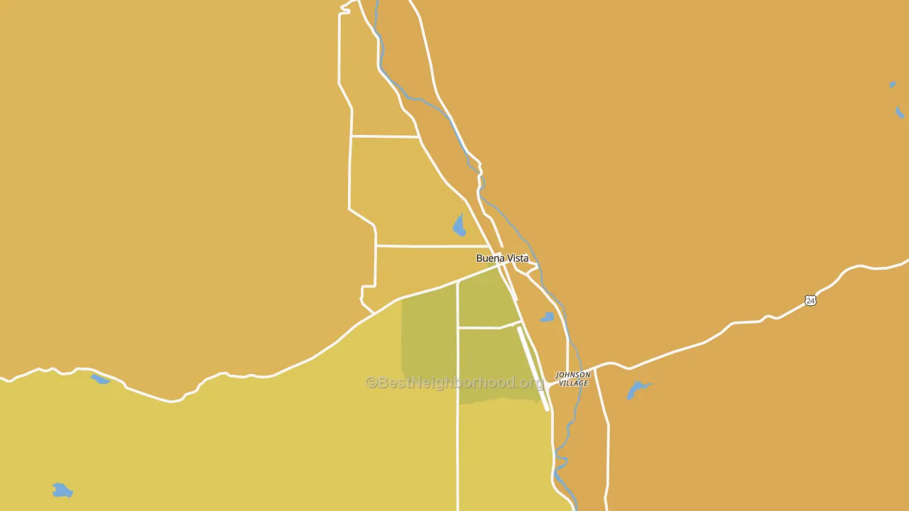 Map of the best neighborhoods in the Buena Vista area, with better matches in green and worse matches in red