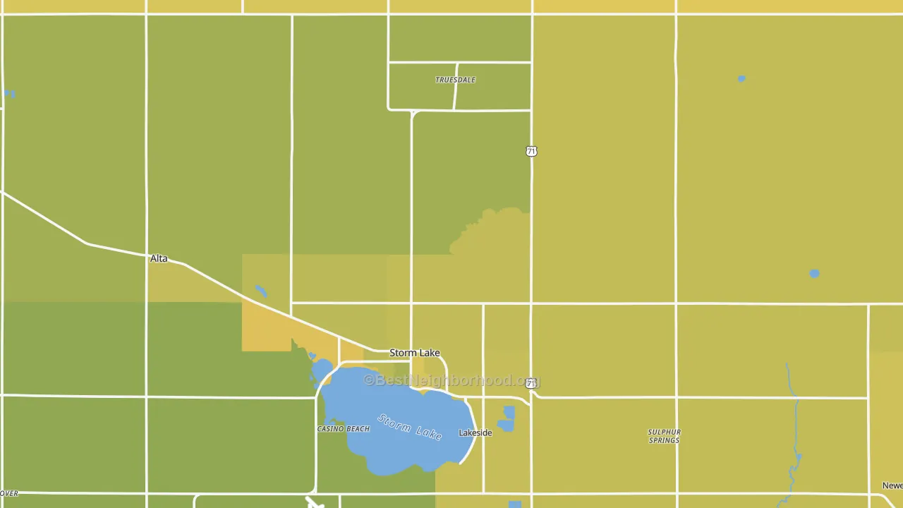 Map of the best neighborhoods in the Buena Vista County area, with better matches in green and worse matches in red