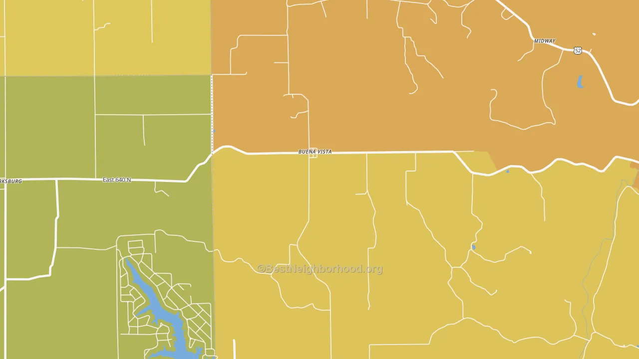 Map of the best neighborhoods in the Buena Vista area, with better matches in green and worse matches in red