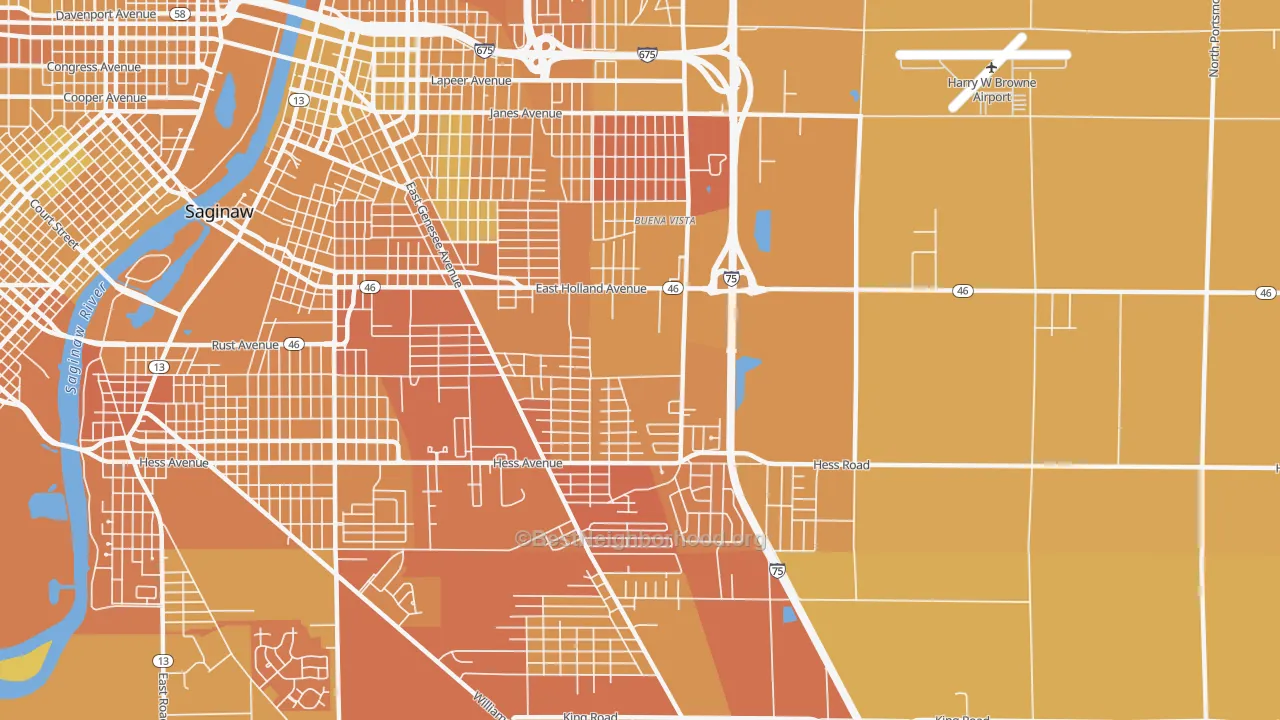 Map of the best neighborhoods in the Buena Vista area, with better matches in green and worse matches in red