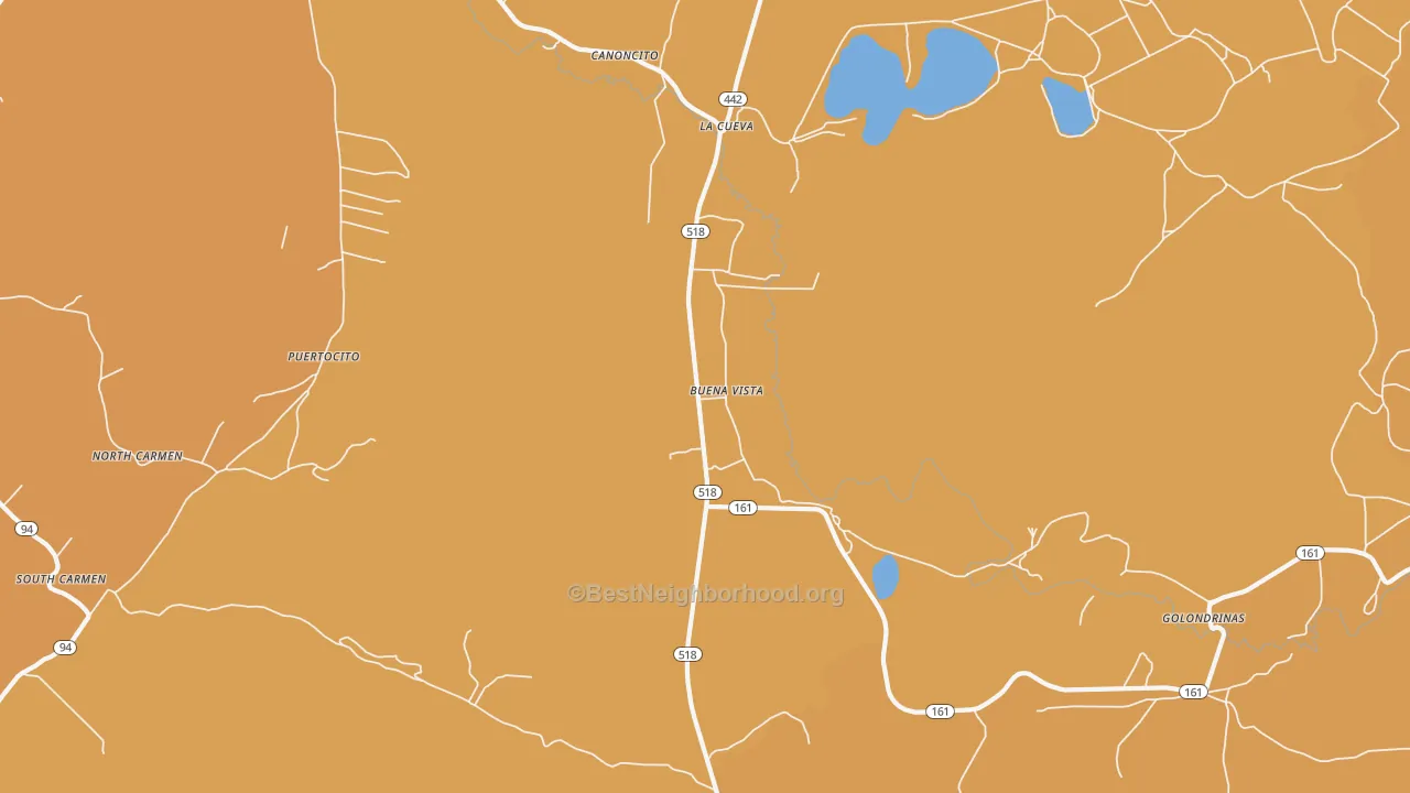 Map of the best neighborhoods in the Buena Vista area, with better matches in green and worse matches in red