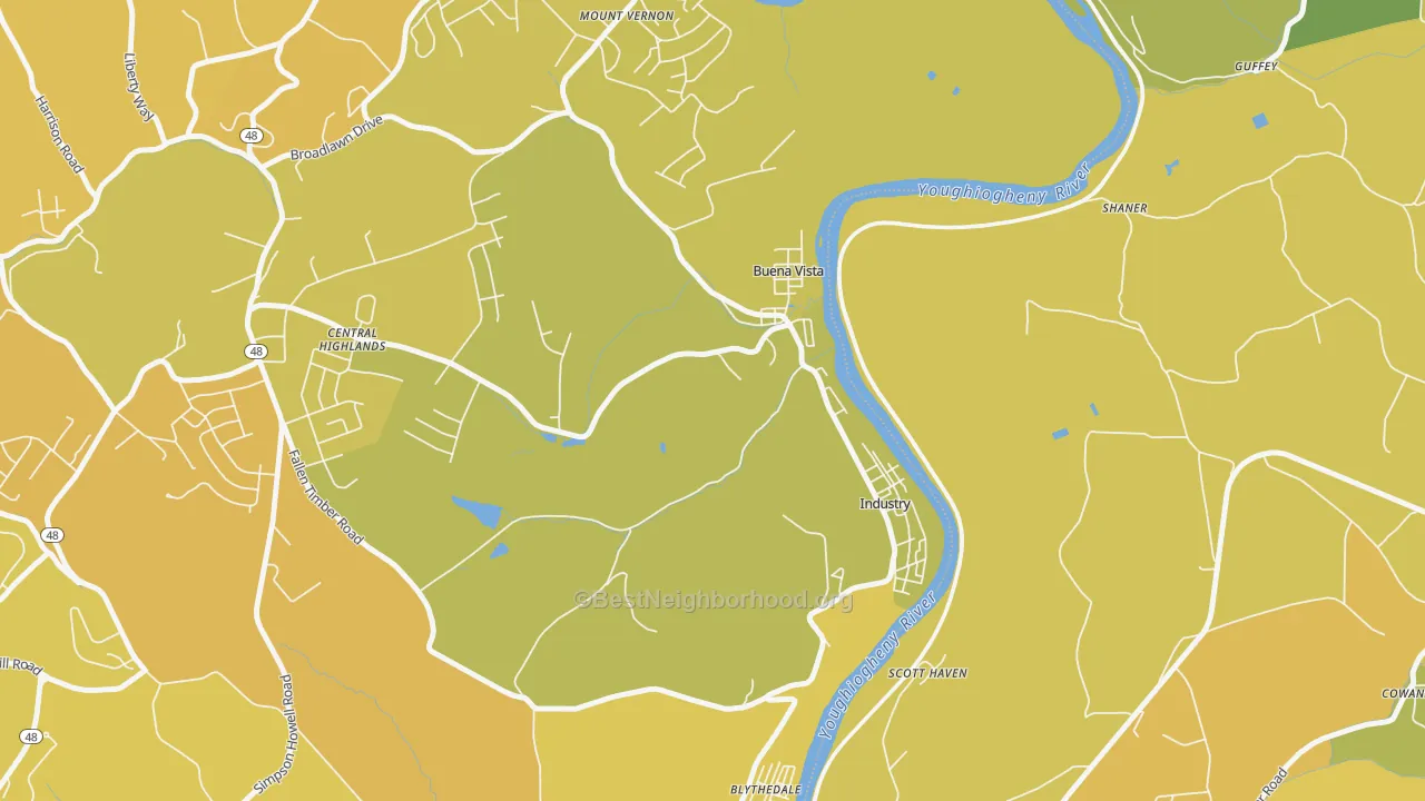 Map of the best neighborhoods in the Buena Vista area, with better matches in green and worse matches in red