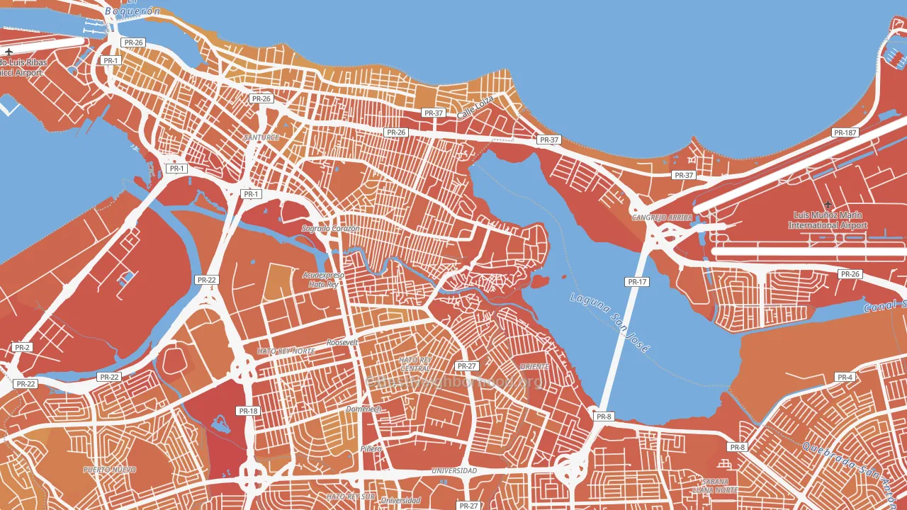 Map of the best neighborhoods in the Buena Vista Santurce, San Juan area, with better matches in green and worse matches in red