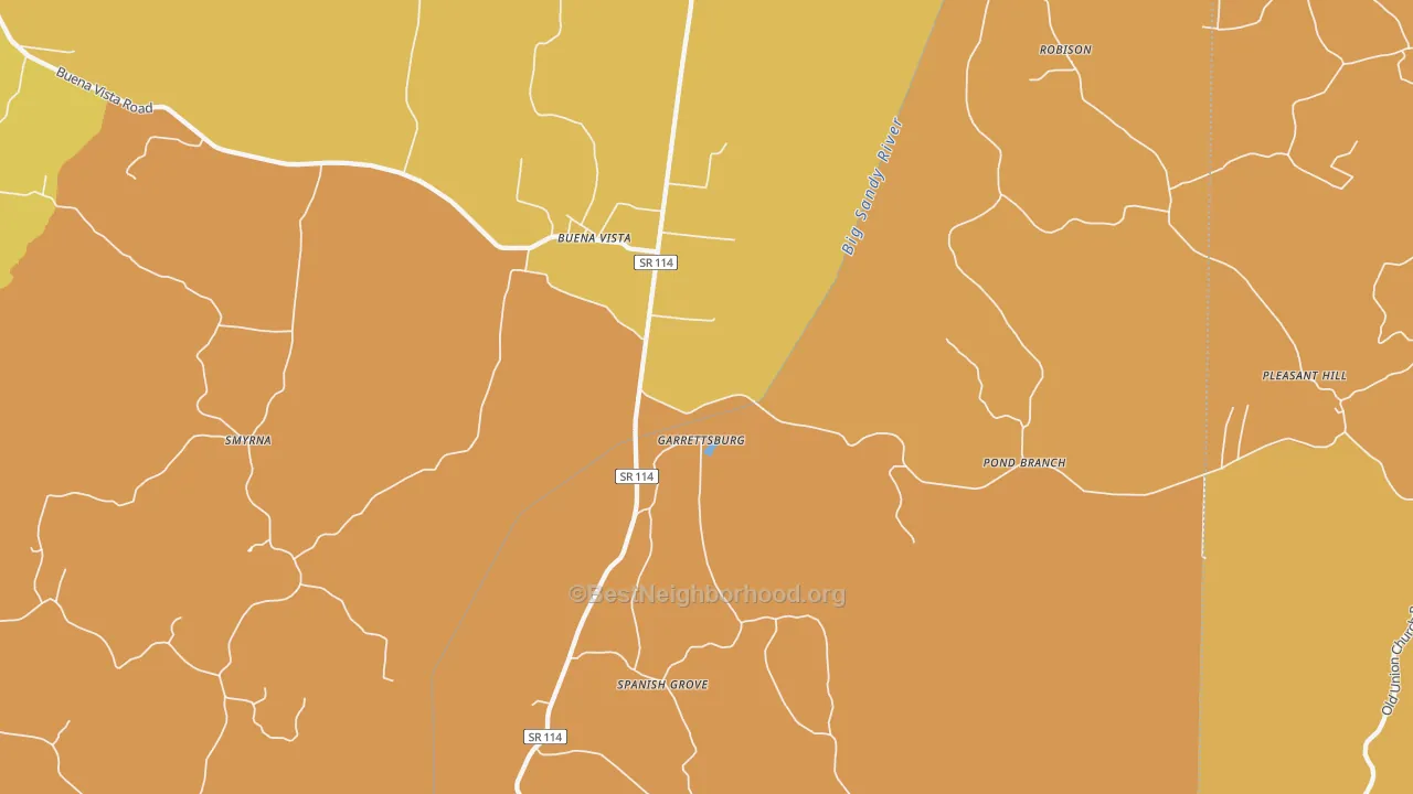 Map of the best neighborhoods in the Buena Vista area, with better matches in green and worse matches in red