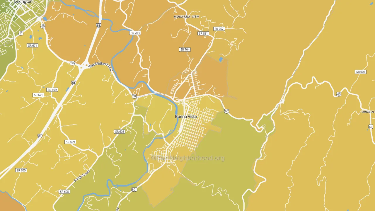 Map of the best neighborhoods in the Buena Vista area, with better matches in green and worse matches in red