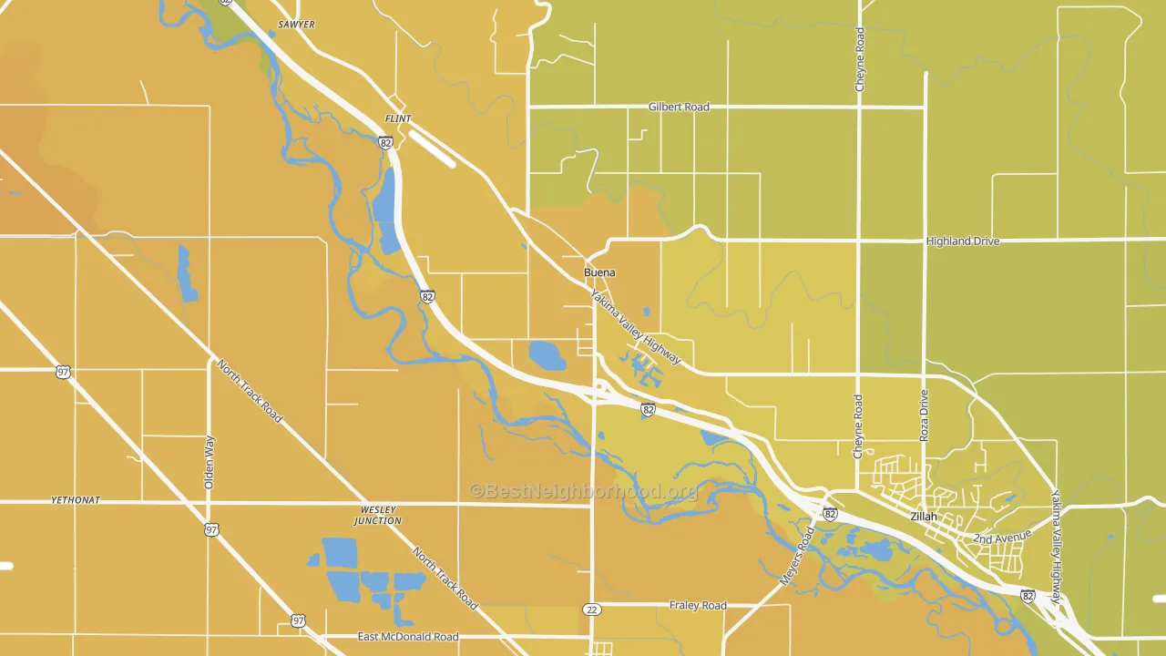 Map of the best neighborhoods in the Buena area, with better matches in green and worse matches in red